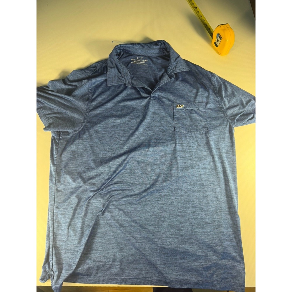 Vineyard Vines Men's Blue Heather Short Sleeve Pocket Polo Shirt Gold Whale L